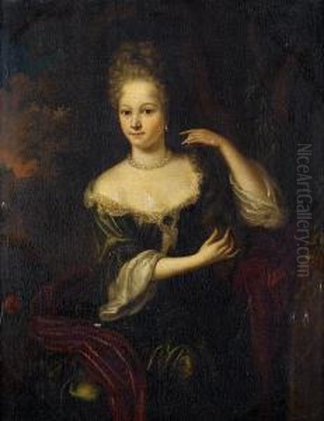 Portrait Of A Lady, Three-quarter-length, In A Green Dress With A Red Silk Wrap, Seated Before A Landscape - view 1
