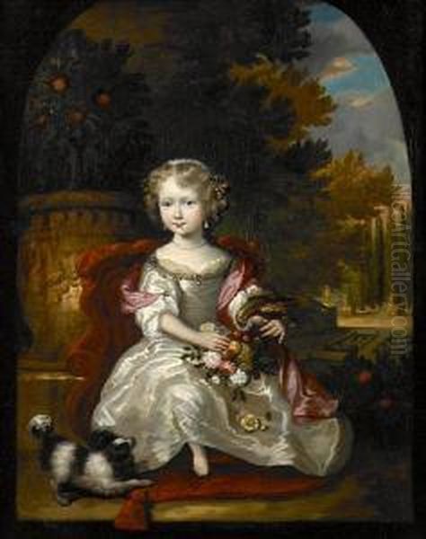 A Portrait Of A Girl With A Bouquet Of Flowersand A Parrot Resting On Her Arm - view 1