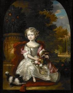 A Portrait Of A Girl With A Bouquet Of Flowersand A Parrot Resting On Her Arm