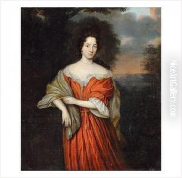 Portrait De Femme A La Robe Rouge Sur Fond De Paysage - view 1