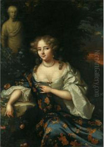 Portrait Of A Lady, Three-quarter Length, Wearing A White Silk Chemise And A Gold Embroidered Blue Dress - view 1