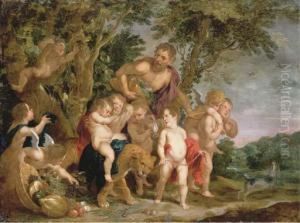 A Bacchanal In A Wooded River Landscape by Victor Wolfvoet