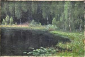 Bewaldetes Seeufer Mit Seerosen
