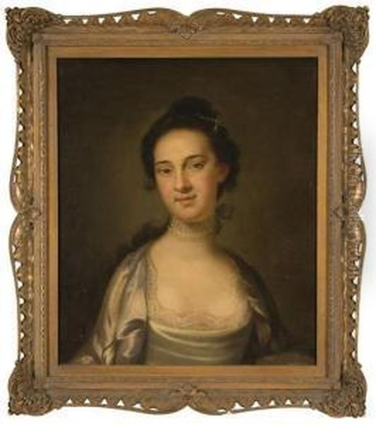 Portrait Of A Lady Wearing A Grey Dress And Pearl Necklace - view 1
