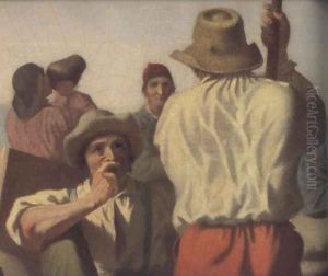 Lighter Relieving A Steamboat Aground 1847 (details) by George Caleb Bingham