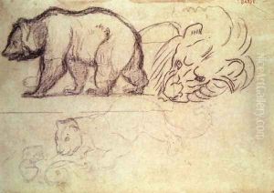 A bear walking, the head of a lion and a leopard attacking an animal by Antoine-louis Barye