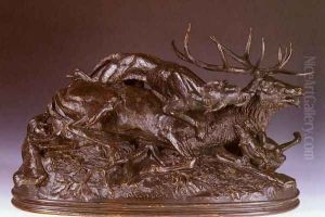 Cerf Abbatu Par Deux Chiens D'Ecosse (Ten Point Stag Brought Down By Two Scotch Hound) by Antoine-louis Barye
