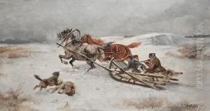 Hunters On A Troika; And A Horse Fair, A Pair by J. Wolski