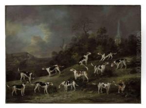 Hounds Of Colonel Hylton Joliffe Of Merstham House, Surrey With Merstham Church And Mill Beyond by Dean Wolstenholme, Snr.