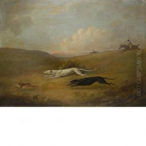 Robert Poole's Greyhounds Pigeon And Polecat Chasing A Hare by Dean Wolstenholme, Snr.