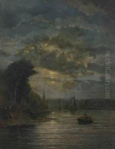 Bootje Op Het Meer Bij Maanlicht by Eugene Wolters