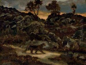 A lioness in a landscape by Antoine-louis Barye