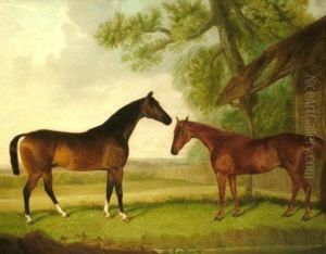 Two Chestnut Hunters By A Stable In A Landscape