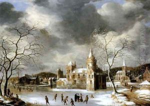 A castle on a frozen lake with skaters