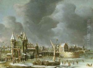 A View of the Regulierspoort, Amsterdam, in winter by Abraham Beerstraten