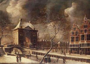 The Heiligewegspoort, Amsterdam, from the north-east in winter, with skaters on the frozen canal 1662-64 by Abraham Beerstraten