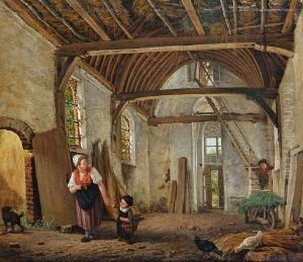 Mother And Children In A Barn - view 1