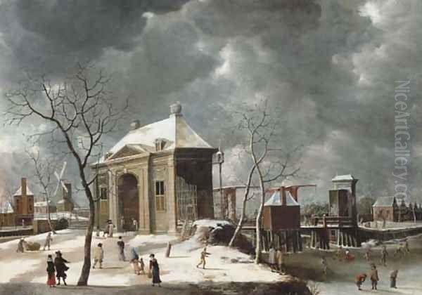The Heiligewegspoort, from The north-west, with skaters on the frozen canal - view 1