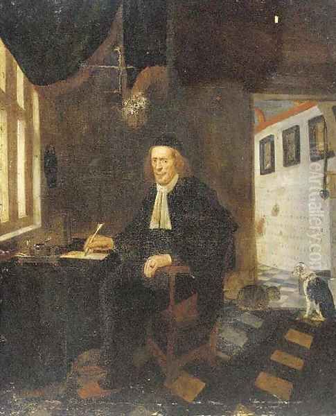 A gentleman writing a letter in an interior, a cat and dog near the door to a tiled hallway - view 1