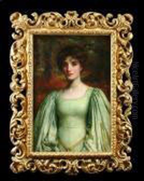 Portrait Ofa Young Woman Half Length, Wearing A Green Dress, In A Woodlandsetting - view 1
