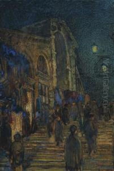 Figures On A Bridge At Night Time, Possibly The Rialto Bridge - view 1