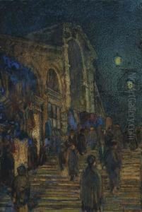 Figures On A Bridge At Night Time, Possibly The Rialto Bridge by Edgar Thomas Wood