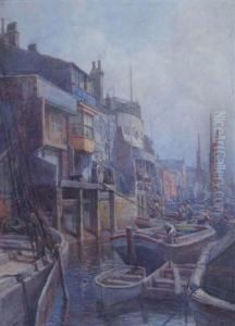 Boats Docked In A London Harbour by Edgar Thomas Wood