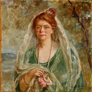 Young Woman Withher Hair Taken Up And A Rose In Her Hand