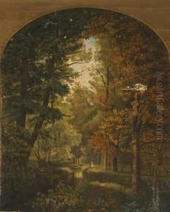 Forest Interior With Figures Beside A Stream by George Bacon Wood Jnr.