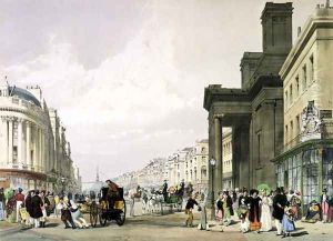 Regent Street looking towards the Quadrant with Hanover Chapel in the foreground and shoppers promenading, 1842 by Thomas Shotter Boys