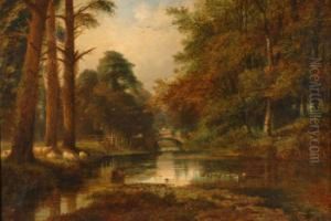 'up Stream On The Rother' River Landscape, Figure On A Bridge And Sheep Grazing, Oil On Canvas, Unsigned, Title And Incorrect Spelling Of Artist's Name And Dated 1882 To Plaque Attached To The Frame, 46 X 61cms 'up Stream On The Rother' River Landscape, Figure On A Bridge And Sheep Grazing, Oil On Canvas, Unsigned, Title And Incorrect Spelling Of Artist's Name And Dated 1882 To Plaque Attached To The Frame, 46 X 61cms