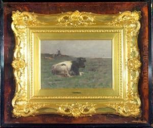 Cows In A Pasture With A Windmill In The Distance by Ogden Wood