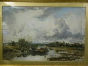 River Landscape With Family Being Punted Over Ariver And Distant Village, All Under An Expansive Sky, by R.H. Wood