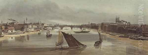 London Bridge from Southwark Bridge (Monument on left), 1842 - view 1