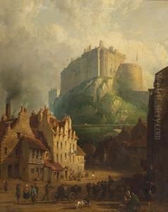 A View Of Edinburgh Castle From Below, With Figures And Horses In The Foreground by Thomas Peploe Wood