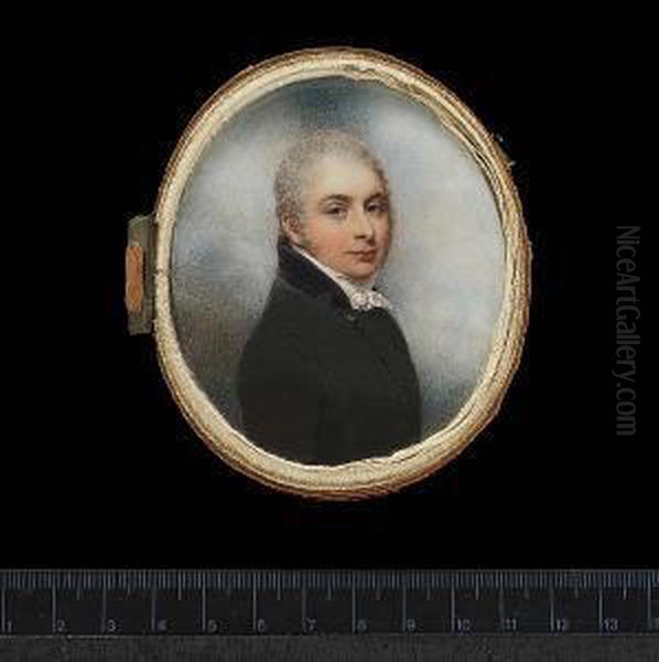 A Gentleman, Wearing Single Breasted Dark Moss Green Coat With Black Velvet Collar, And Tied White Stock, His Hair Powdered. - view 1