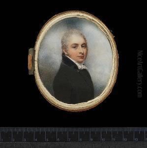 A Gentleman, Wearing Single Breasted Dark Moss Green Coat With Black Velvet Collar, And Tied White Stock, His Hair Powdered. by William Ii Wood