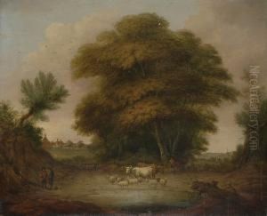 A Wooded Landscape With Shepherds With Their Livestock Grazing In A Field, A Village Beyond.