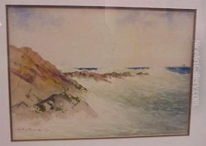 Waves Crashing Against Rock, Birds Flying Within Spray by Hartwell Leon Woodcock