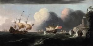 A Squadron Of The Red In Heavy Seas Off A Fortified Headland by Robert Woodcock