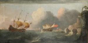 Men O'war In Heavy Seas Off A Rocky Promontory With A Fort And Numerous Figures by Robert Woodcock
