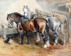 Horses And Chickens In A Stable by William Arnold Woodhouse