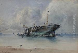 Dismasted And Beached Vessel On The Coast by William Arnold Woodhouse