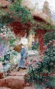 Young Lady In A Cottage Garden by David Woodlock