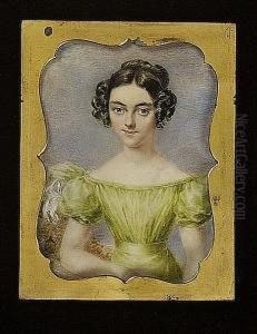 A Young Lady, Wearing Green Dress With White Ribbons On The Puffed Sleeves, Her Dark Hair Curled And Upswept, Landscape Background
