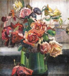 Still Life Of Roses In A Green Jug by Albert Woods