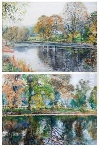 A Wooded River Landscape With House by Albert Woods