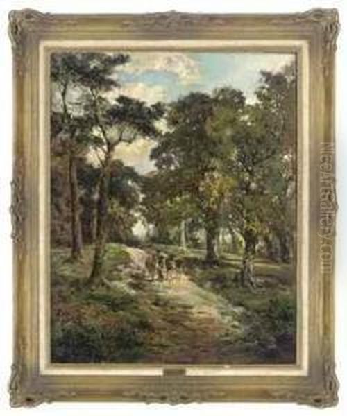 A Traveller With Two Donkeys On A Wooded Path - view 1