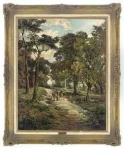 A Traveller With Two Donkeys On A Wooded Path by Henry Woods