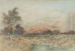 Shepherd And Sheep In Landscape At Sunset by Henry Woods